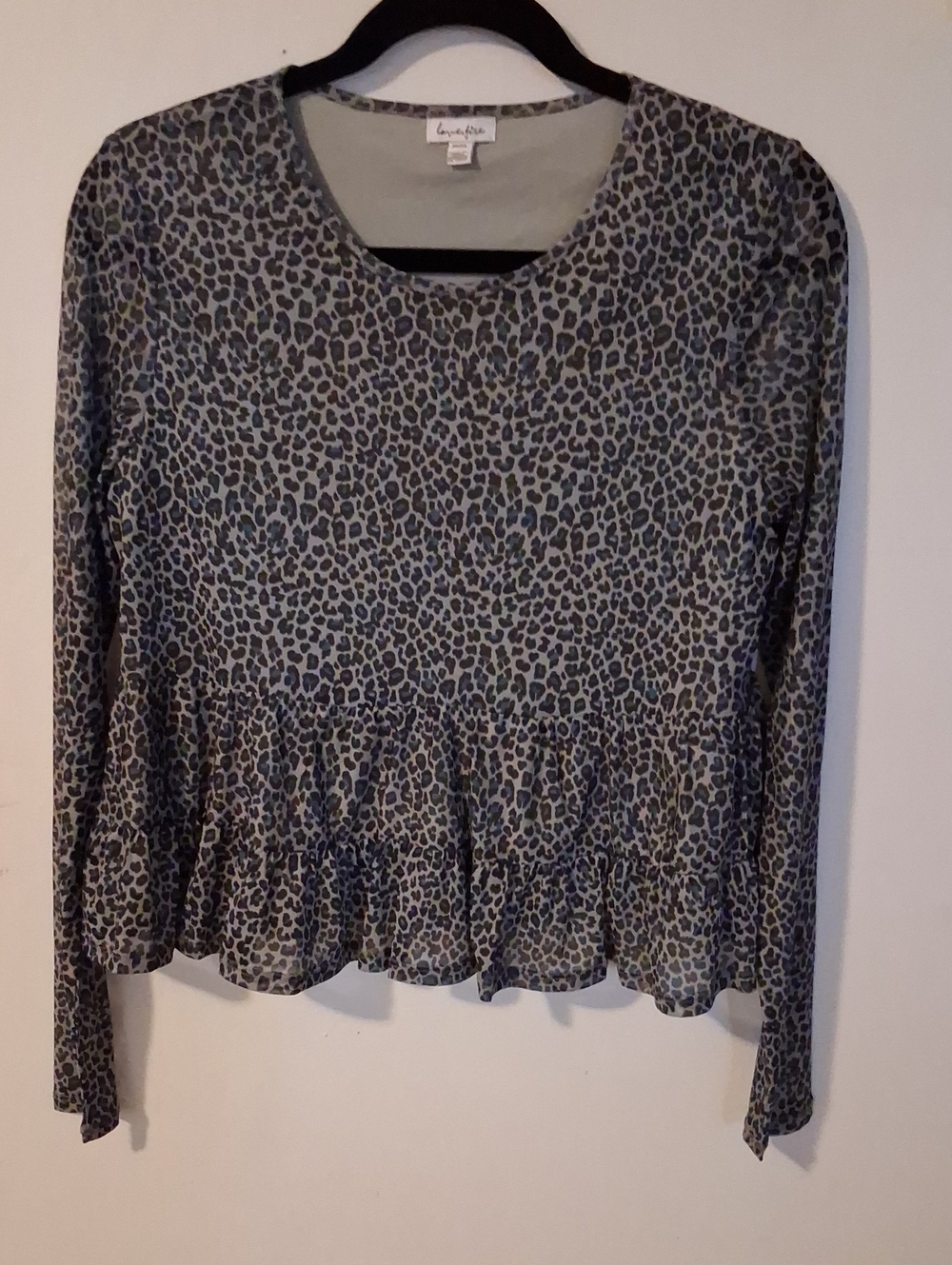 love, Fire Olive and Gray Leopard Ruffle-Hem Long Sleeve Top